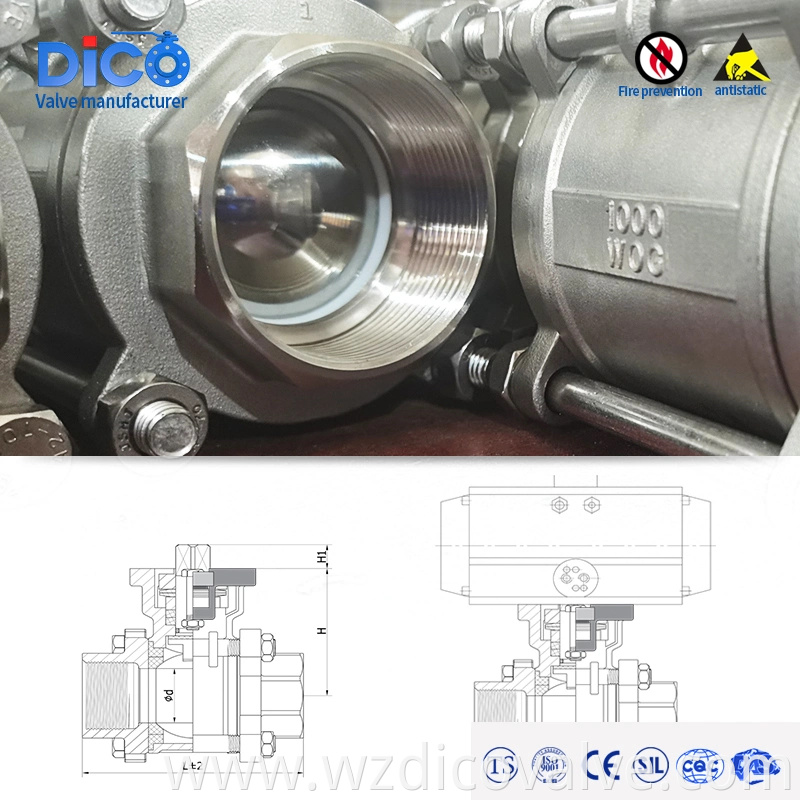DICO Full Port Industrial Equipment End de acero inoxidable con válvula de bola de 3 piezas ISO5211